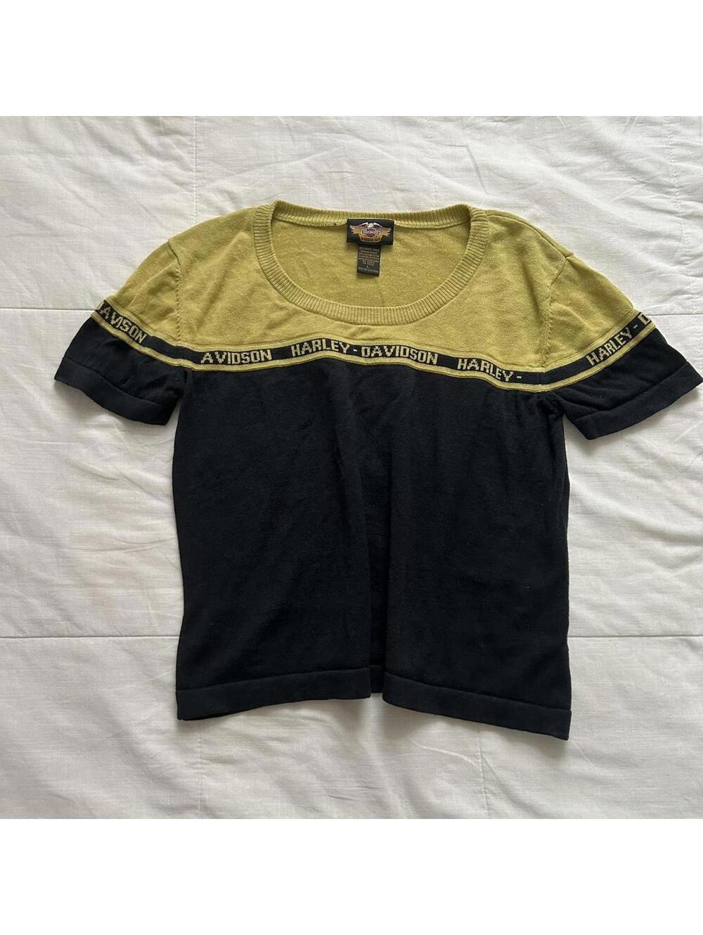 Y2K Harley Davidson colorblock greenish yellow black knit logo intarsia sweater